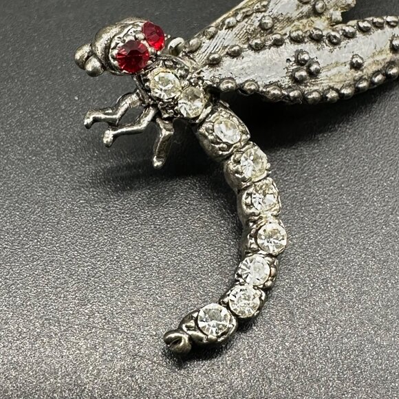 Vintage Dragonfly Rhinestone Brooch Pin Red Eyes Bug Insect Silver Toned - Picture 5 of 8